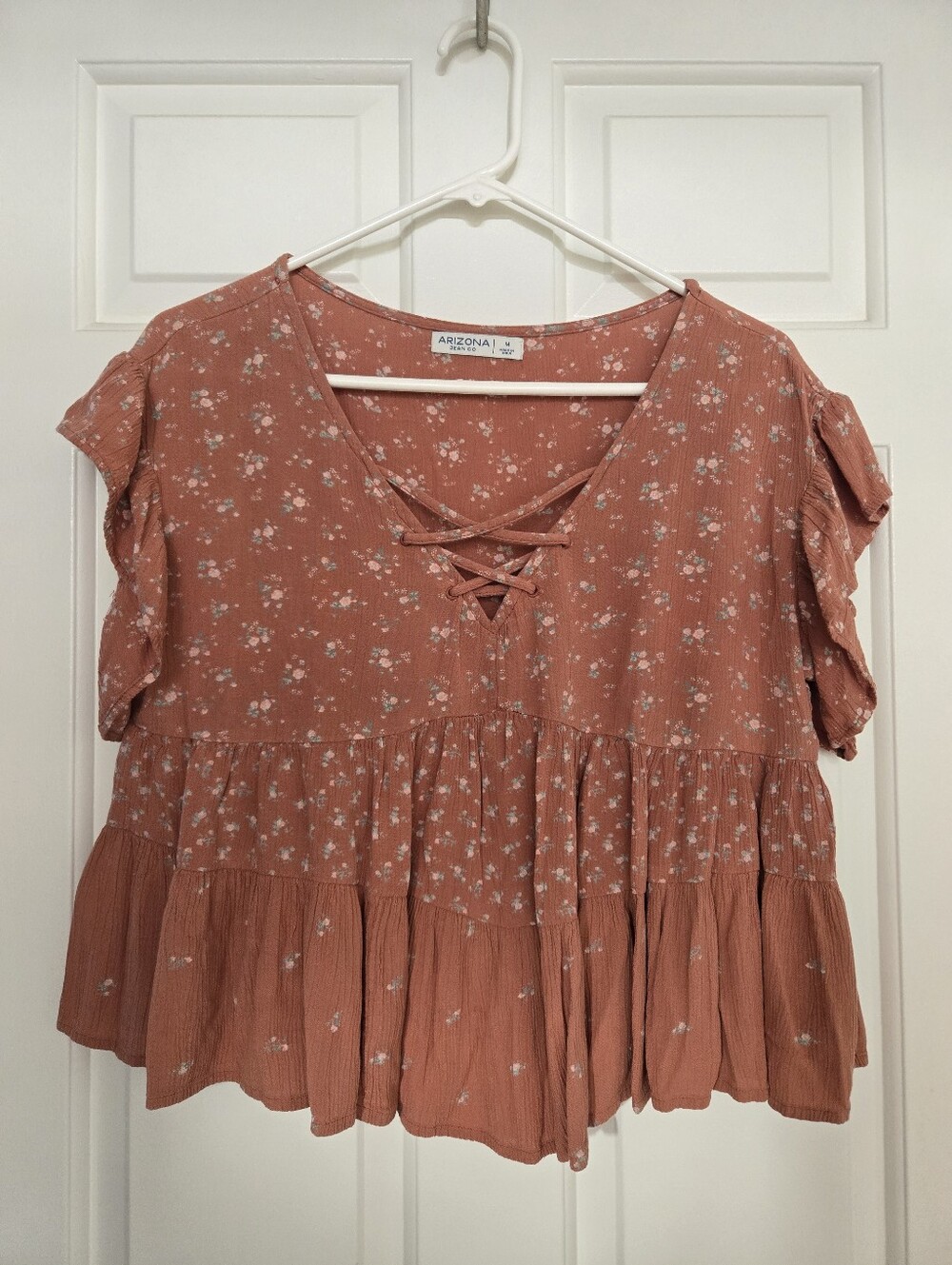 Arizona Jean Co Floral Lace-up Cropped Peasant Blouse